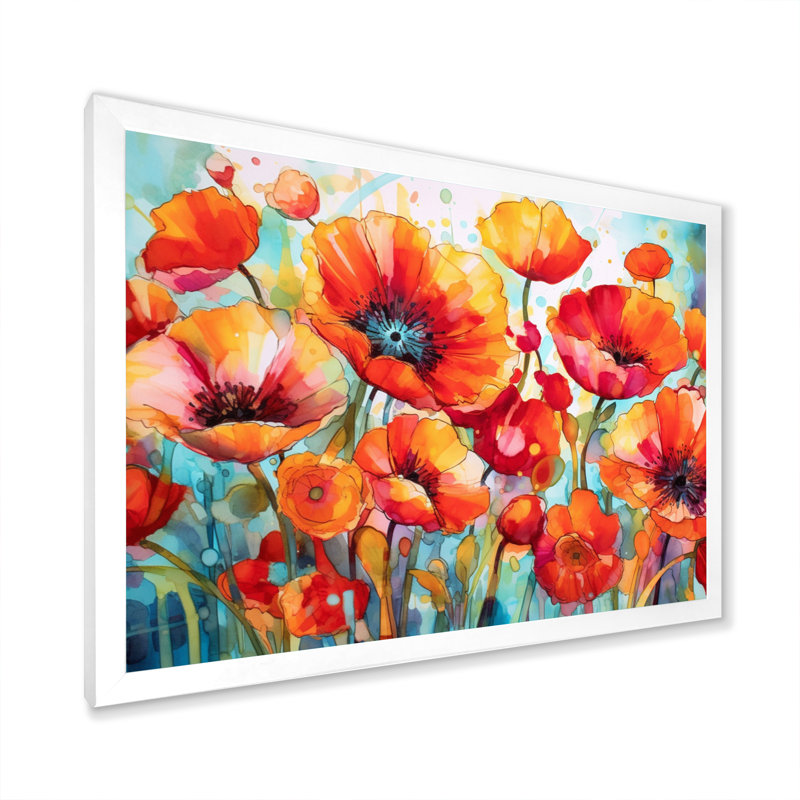 Brilliant Poppies V - Art mural floral, H 30 po x l 40 po x P 1,5 po, Cadre simple blanc