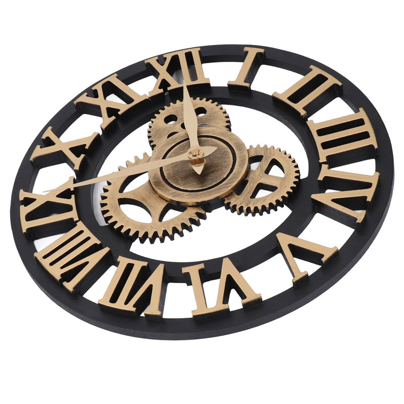 Grande horloge murale rétro 3D de 34 cm, style industriel vintage, avec chiffres et engrenages en bois, couleur or. Parfait pour décorer votre salon.