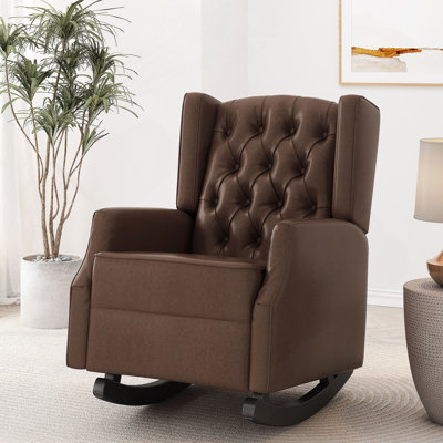Contemporary Button-Tufted Wingback Rocking Chair With Birch Wood Rockers For Comfort And Style