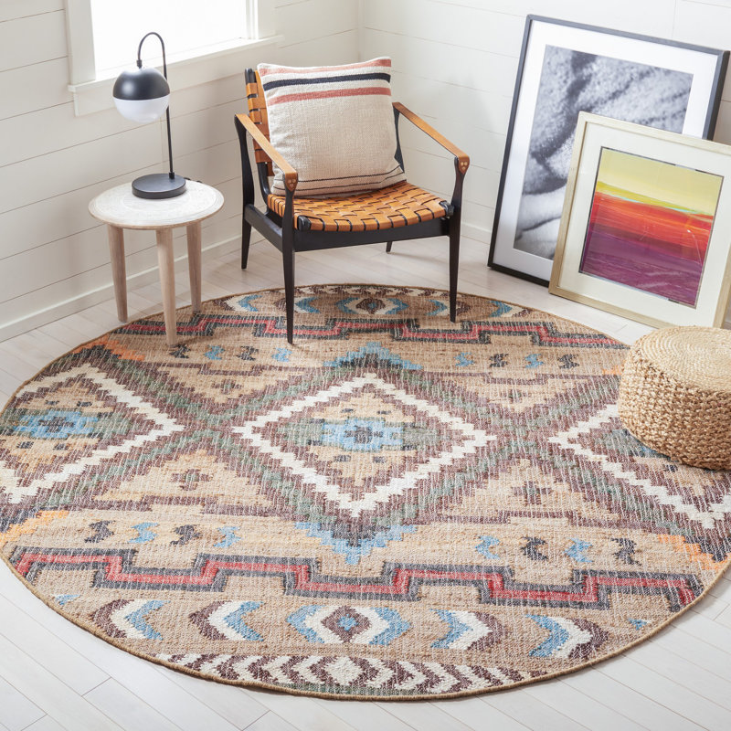 Glynda Southwestern Handmade Flatweave Jute Tan Area Rug, Round 5'