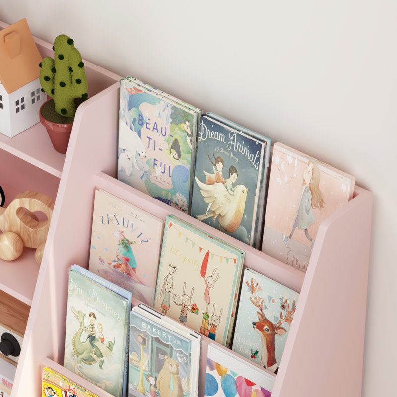 Bibliothèque pour enfants 4 niveaux en bois rose avec bac de rangement pour jouets
