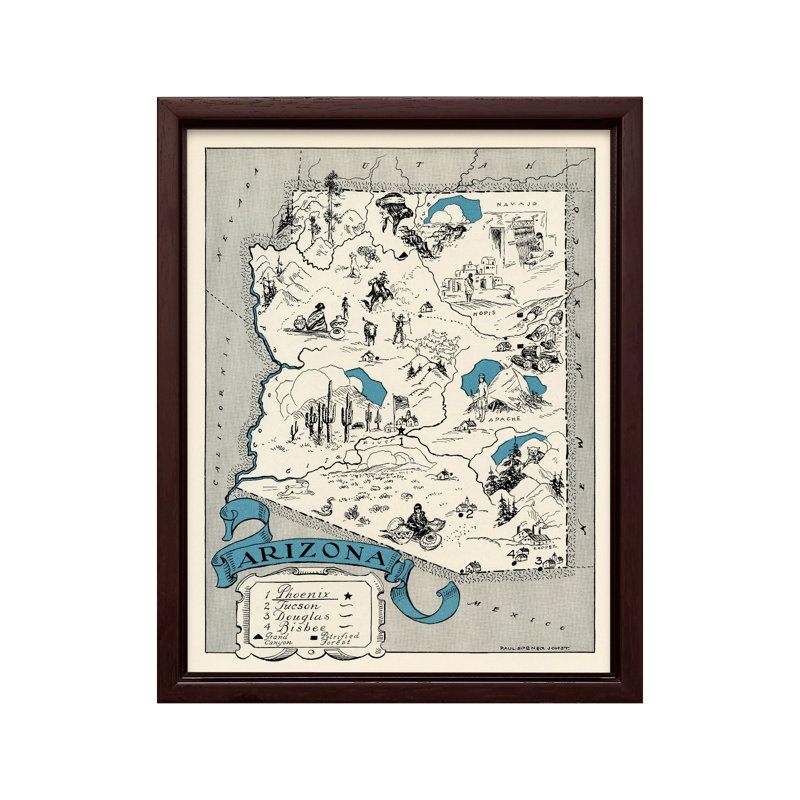 Carte illustrée de l'Arizona, Canevas, H 08 po x l 10 po, Encadrement brun