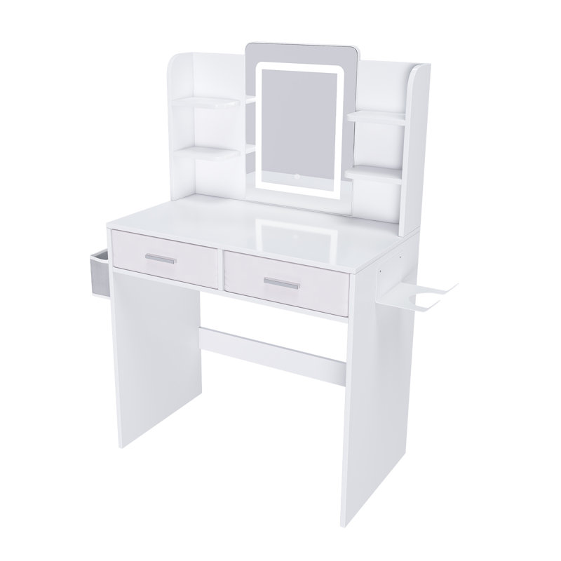 49.2"H Modern White Makeup Vanity Dressing Table With LED Lighted Mirror, Open Shelves, 2 Drawers, Hair Dryer Stand & Storage Bag