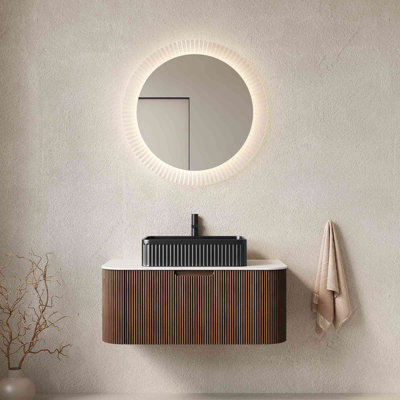 Meuble-lavabo de salle de bain 36 po avec lavabo, meuble de rangement mural à bordures courbes et flottantes avec tiroir, lavabo rectangulaire en céramique noire, sans robinet, pré-assemblé