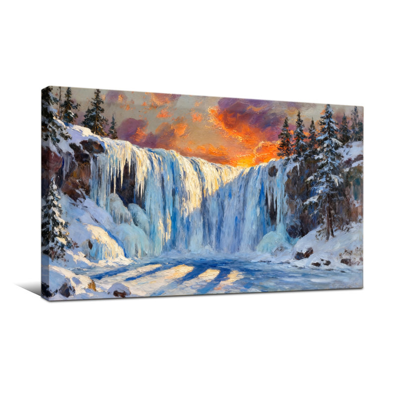 «Christmas Winter Waterfall Sunset Landscape», reproduction d'art sur toile, H 16 po x l 32 po