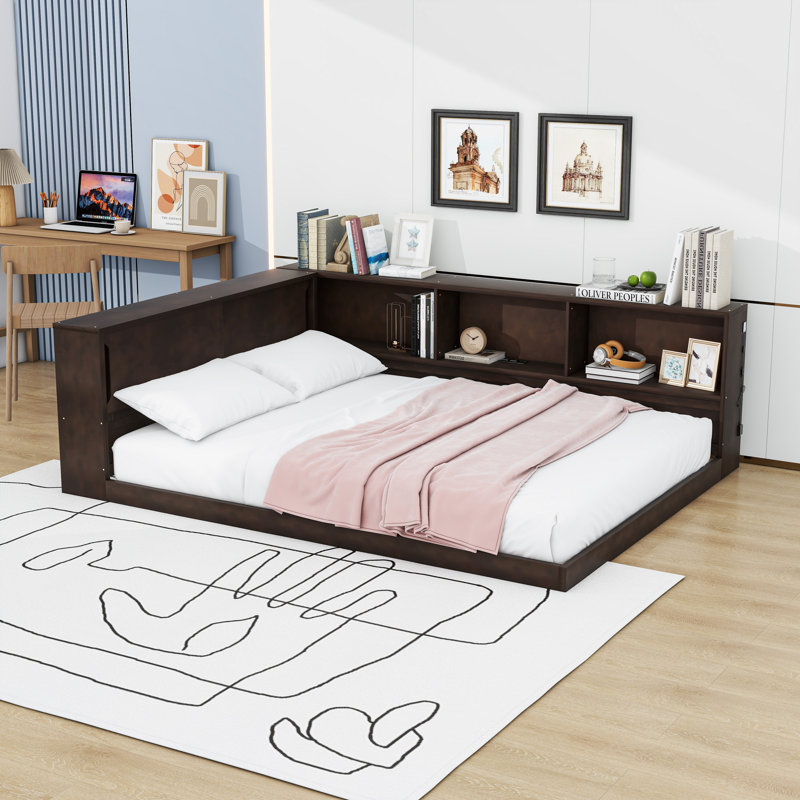 Wood Daybed with Shelves, USB and LED, Brown