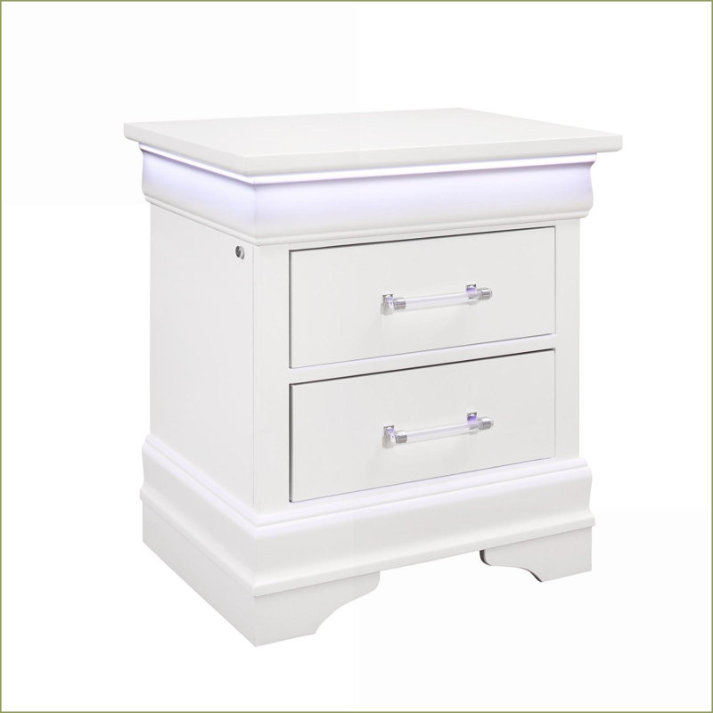 Table de chevet à DEL blanche avec 2 tiroirs spacieux Charleston, Blanc