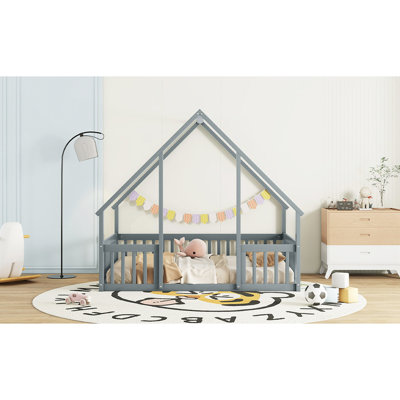 Wood House-Shaped Floor Bed With Fence,Guardrails