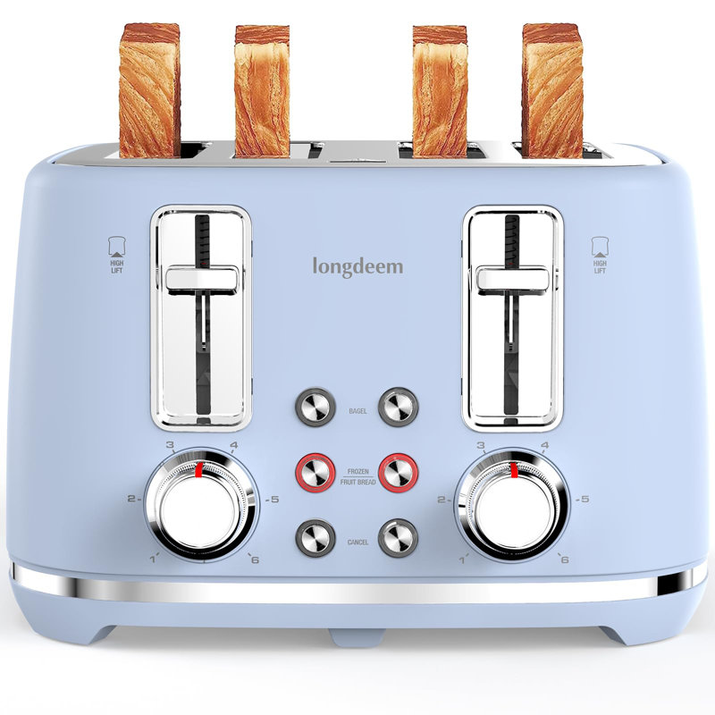 Blue Retro 4-Slice Stainless Steel Toaster with Dual Controls