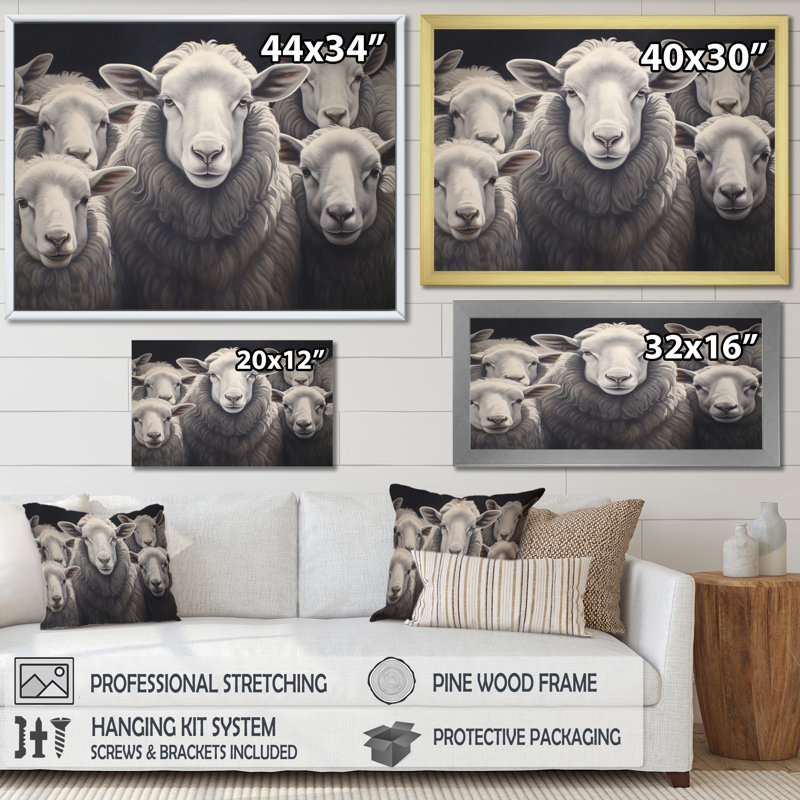 Famille de moutons monochrome II - impression, H 24 po x l 32 po x P 1 po, Cadre doré à une seule photo