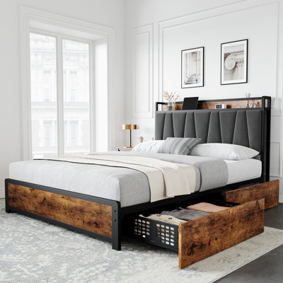 Queen Size Industrial Platform Bed Frame with 3 Storage Drawers, Upholstered Headboard with Storage Shelf, Rustic Wood & Metal Bed Frame, Heavy Duty Steel Slats, No Box Spring Needed for Bedroom