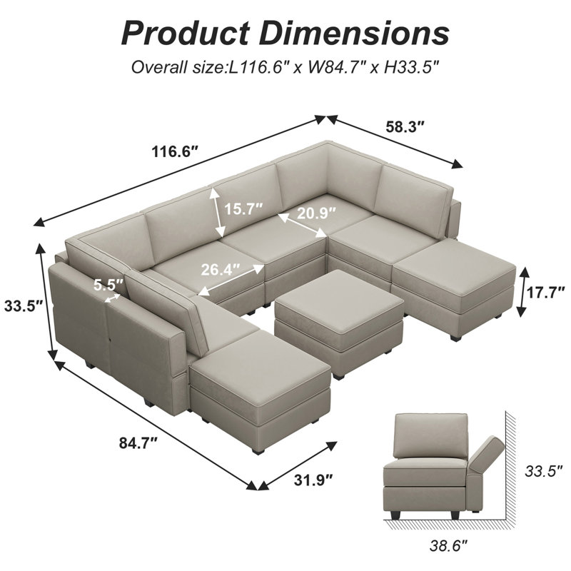 Canapé modulaire en velours modulaire en U avec repose-pieds avec rangement de 116,6 po Wylodene, Velours gris velours