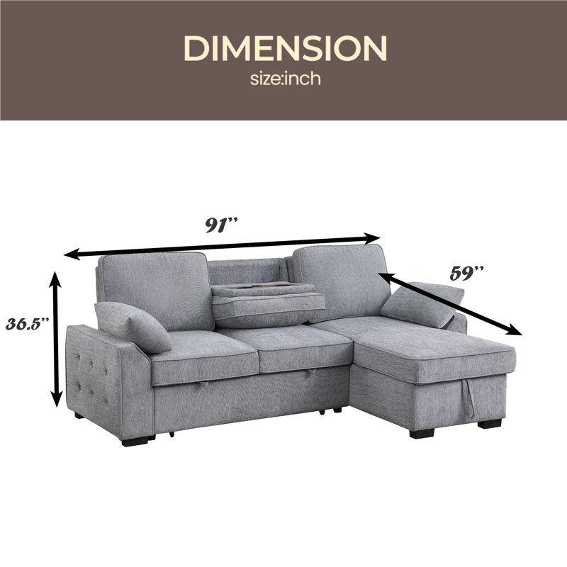 Canapé-lit modulaire réversible en tissu 91 po avec méridienne de rangement, table rabattable, porte-gobelets et ports de chargement