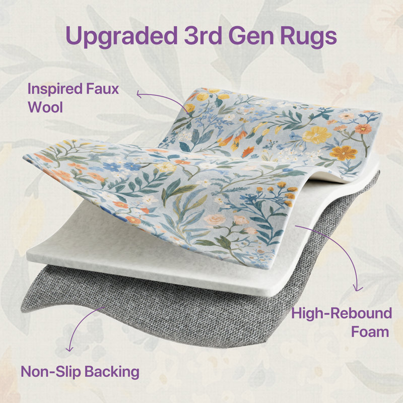 Eden Floral Blue Machine Washable Indoor Area Rug With Non-Slip Backing, Rectangle 6' x 9', Gray/Blue/Orange