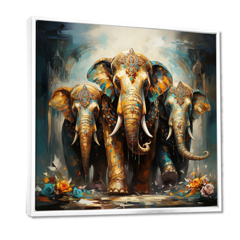 Art asiatique, éléphants thaïlandais X - Art mural asiatique, 44" H x 44" W, Cadre flottant blanc