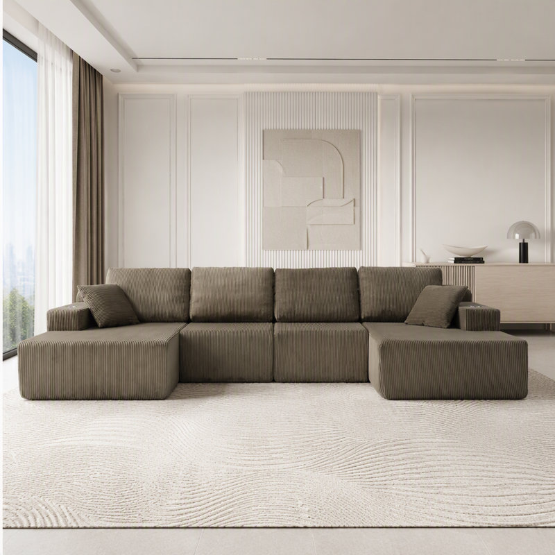 Canapé modulaire en U en velours côtelé avec méridienne en U, taupe
