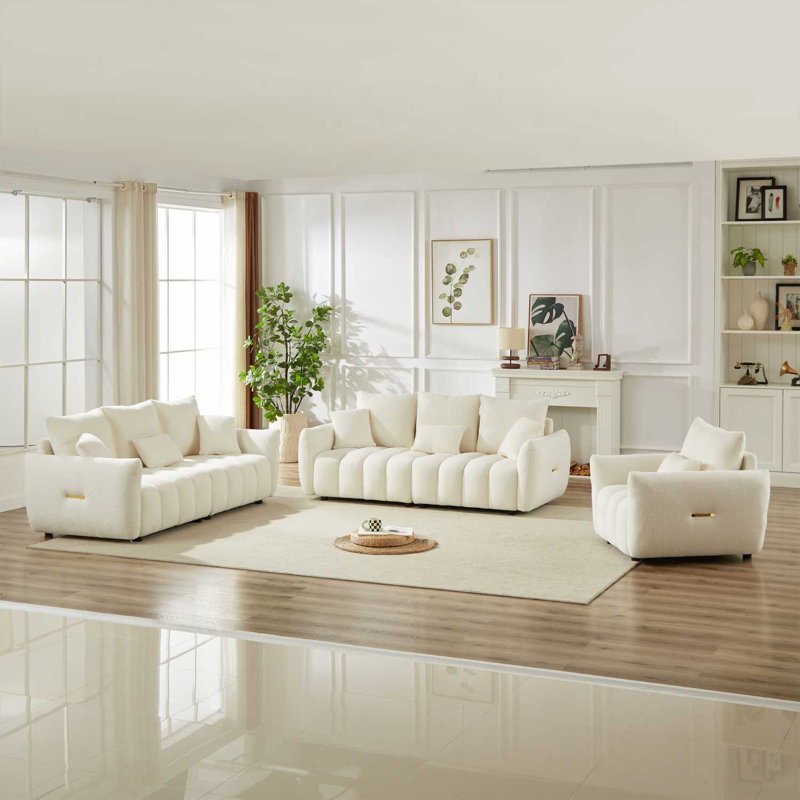 Canapé 1 place et 3 places avec canapé en peluche moderne et structure en bois, Beige