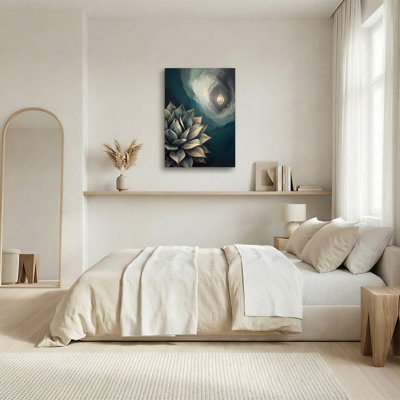 Teal Succulent With Glowing Seed Pod In Swirling Cloud Canvas Wall Art