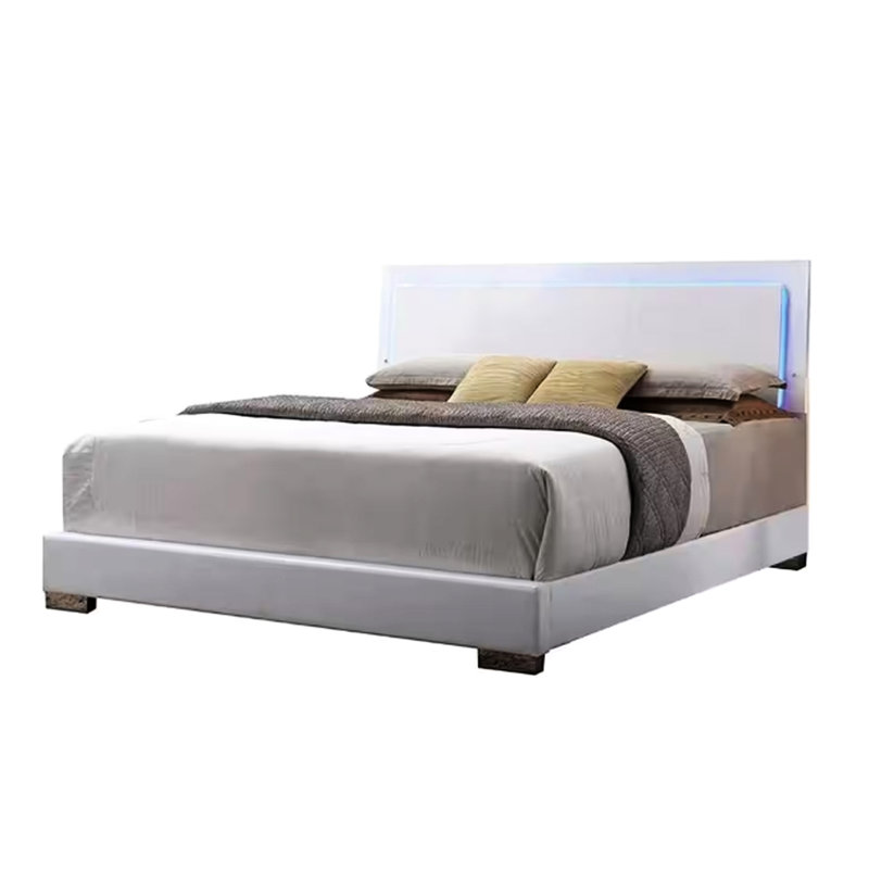 Lit pour grand lit à DEL, conception en cuir synthétique blanc, pieds droits, finition de tête de lit ultrabrillante, rails rembourrés et profil bas, 3 lattes pour plus de stabilité, charge de 660 lb, hauteur de lit de 49 po avec,
