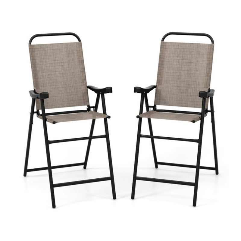Patio Folding Bar Stool Set Of 2 With Metal Frame And Footrest, Coffee