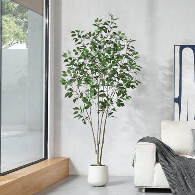 Adcock Faux Ficus Tree with Round White Planter, Pre Potted Faux Greenry Ficus Plant for Home Decor