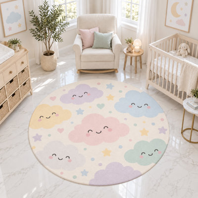"Ultra Thin" 6' x 6' Smiling Clouds Stars Round Area Rug, Soft Low Pile Indoor Rug with Non-Slip Silicone Backing for Nursery, Kids Room, Bedroom, Playroom Decor