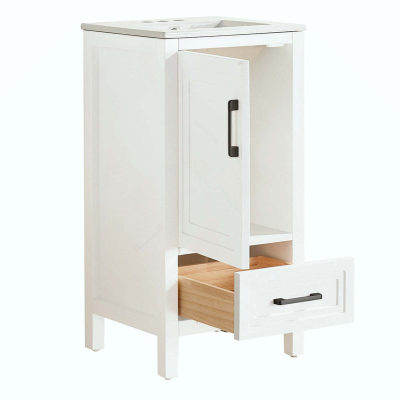 Armoire de salle de bain autoportante de 18 po entièrement assemblée avec plateau en céramique