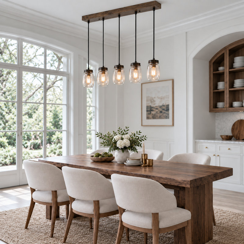 Luminaire suspendu linéaire pour îlot de cuisine à 5 lumières avec accents en bois Carlile