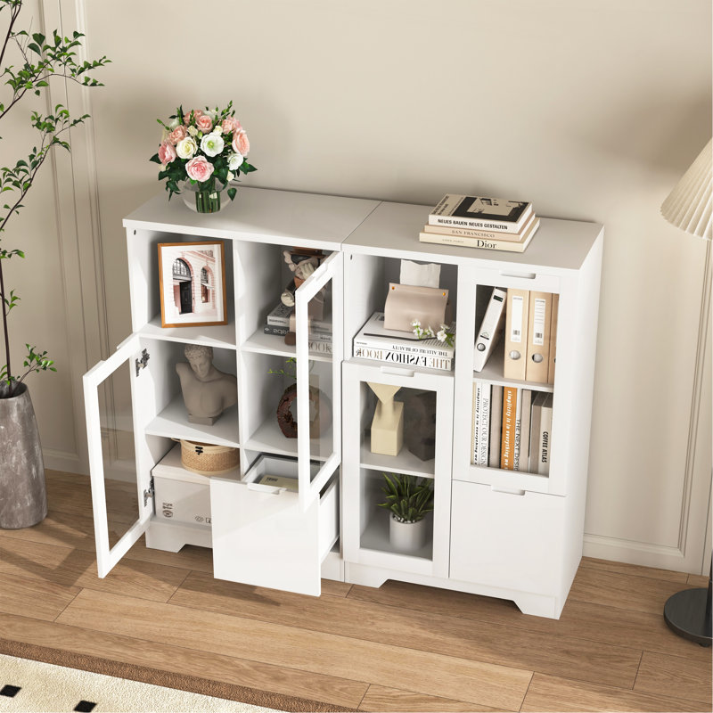 Armoire peinte en panneau de fibres à densité moyenne avec portes et tiroir en verre, espace de rangement ouvert, blanc, chambre à coucher, salon