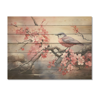 Pink And Blue Birds On Cherry Blossom Tree III - Bird On Wood Print