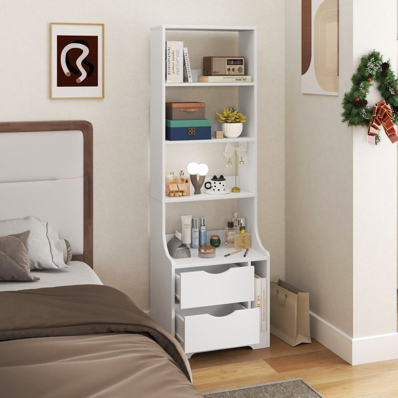 Table de chevet avec bibliothèque, table de chevet avec 2 tiroirs de rangement pour la chambre à coucher, Blanc