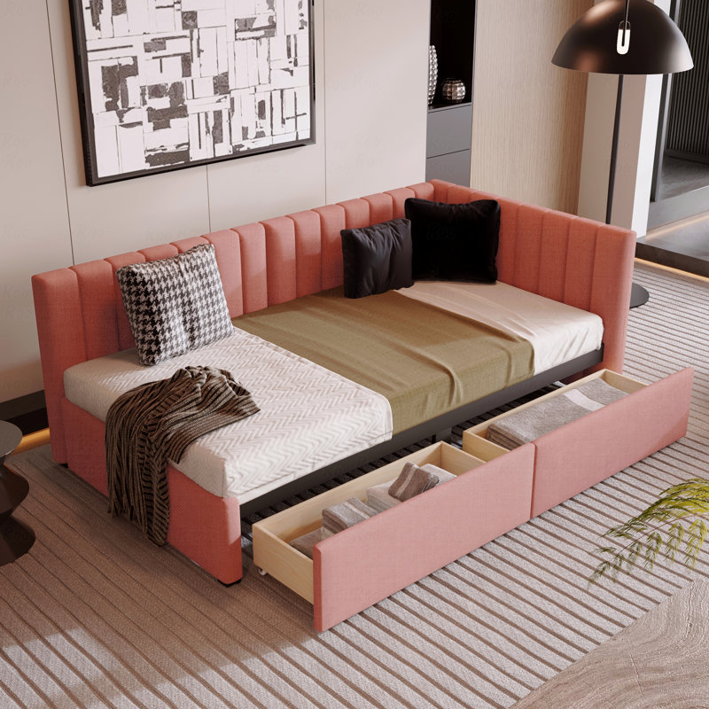 Twin Linen Upholstered Daybed Frame, 2 Storage Drawers, Pink