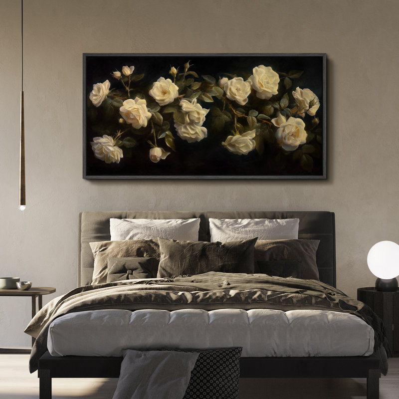 "Élégantes roses blanches sur fond sombre, œuvre d'art rétro très grande peinture", Noir, noir, noir, noir, H 30 po x l 60 po