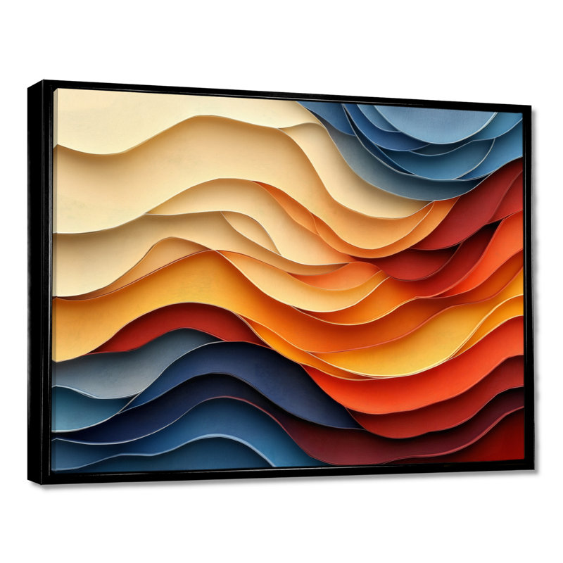 Ashmore III - Décoration murale abstraite superposée orange et bleue, H 40 po x l 60 po, Cadre flottant noir