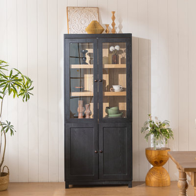 74.5''H Mid-Century Modern Ash Wood Grain Display Cabinet, Heise With Glass Doors & Adjustable Shelves For Hallways, Living Rooms, Kitchens & Offices