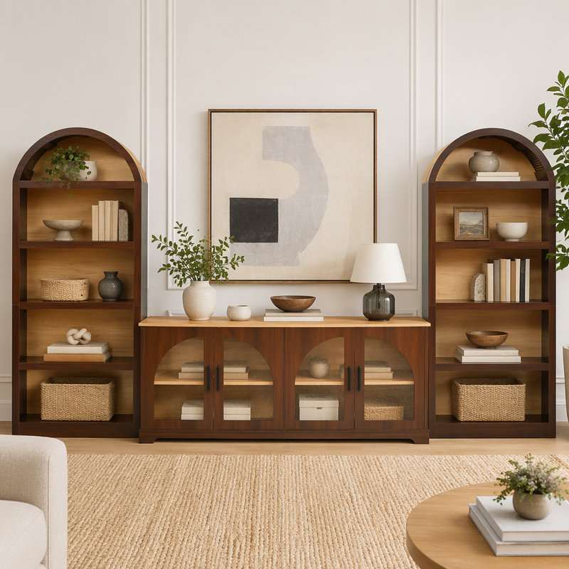 Ensemble de meuble télé 3 pièces avec bibliothèque pour téléviseur de 70 po ou moins, Walnut