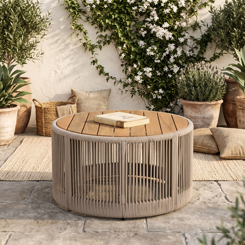 Table basse rustique en bois d'acacia et en fer avec corde décorative