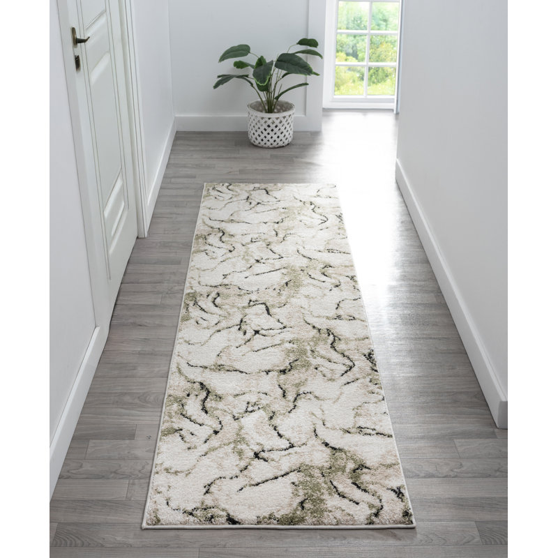 Paris Collection Abstract Cream/Green Rug, Runner 2'1" x 7'4"