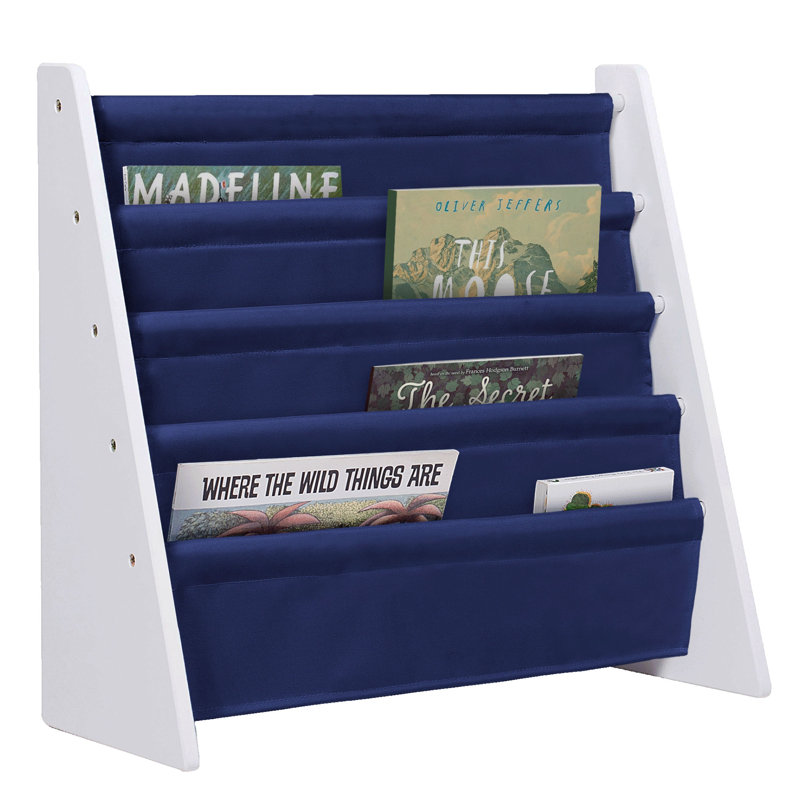 Compact White Melamine Kids Sling Bookshelf with Fabric Pockets