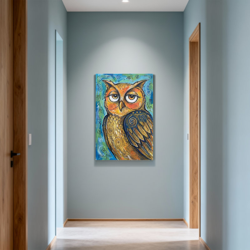 Animaux hibou coloré avec des motifs et des symboles géométriques, H 12 po x l 18 po