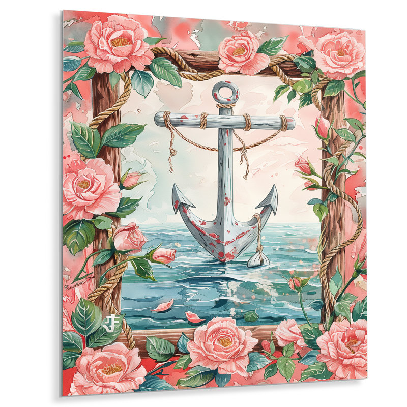 Rose, vert, côtier, ancre rétro, roses V - art mural bord de mer, salon, Métal métal, H 20 po x l 12 po