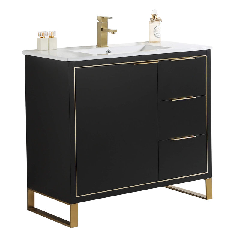 Ensemble de meuble-lavabo simple 36 po, Noir mat, Laiton satiné