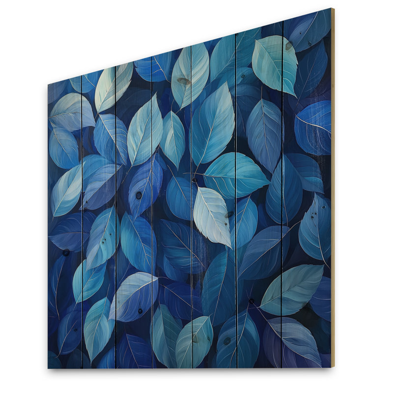 Feuilles de cobalt, collage clair de lune II - impression sur bois de feuilles - sur bois de pin naturel