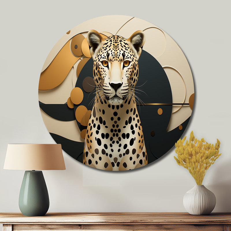 Léopard élégant géométrique - animaux, art rond en métal, H 23 po x l 23 po