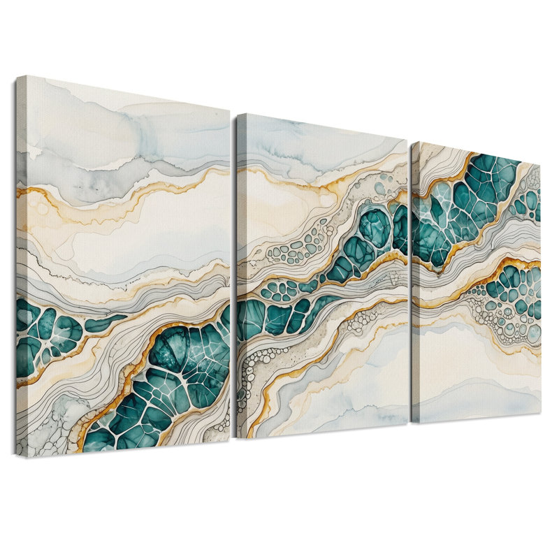 Ensemble de 3 toiles murales à motif de tranches de géode turquoise et or, 18"H x 12"W x 3pcs