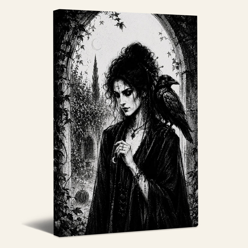 Art mural sur toile, sorcière gothique avec corbeau, H 24 po x l 16 po
