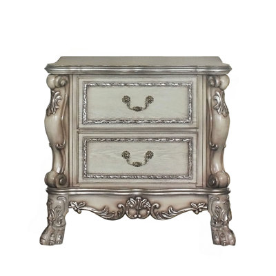Traditional Elegant Nightstand With 2 Drawers Vintage Bone White Finish Wooden Luxury Bedroom Furniture 1Pc Rococo Style