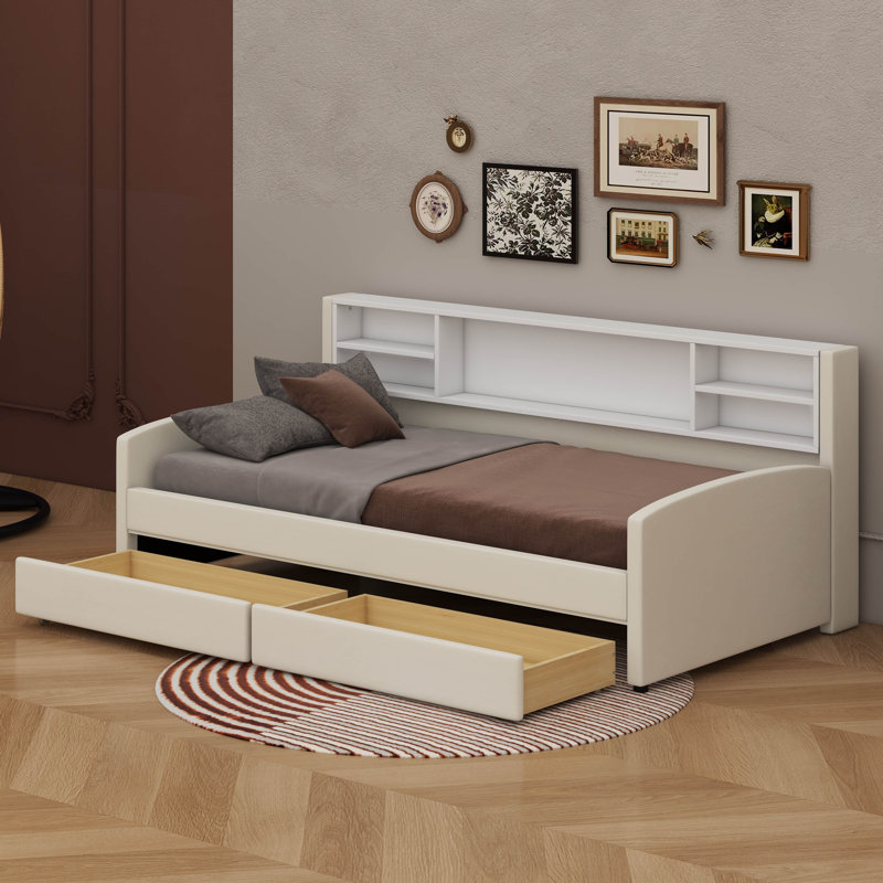 Lit plateforme simple tapissier avec rangement intégré et tiroirs, Beige