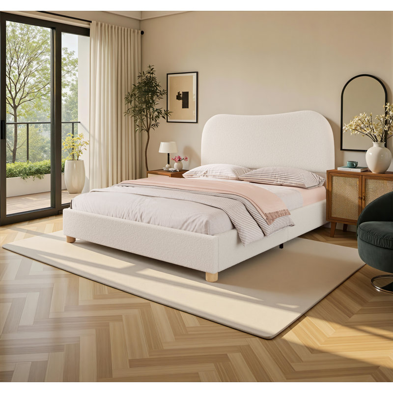 Lit plateforme tapissier Boucle avec tête de lit incurvée et coins arrondis, Crème, Grand