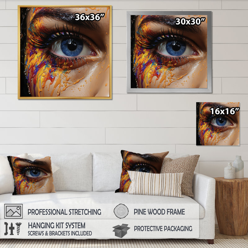 «Colorful Woman Eye Crying I», reproduction d'art sur toile, 36" H x 36" W, Cadre flottant doré